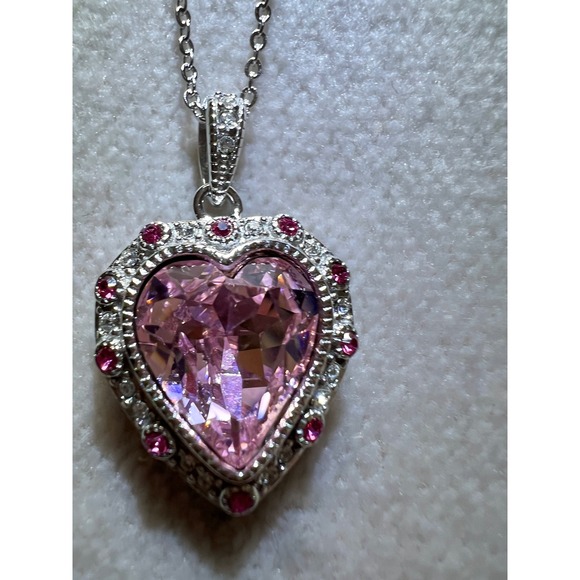 Bleu Sage Sterling Silver Pink Crystal Heart Pendant Necklace 16-18 Inch 925 FD - Picture 7 of 7